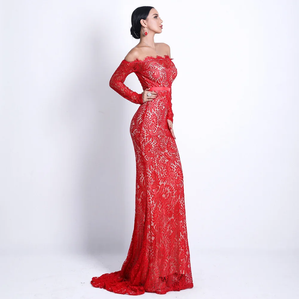 Женское длинное платье с юбкой-годе кружевной аппликацией и молнией на спине |