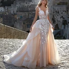 Элегантное свадебное платье-Русалка 2 в 1 с V-образным вырезом, Тюлевое платье цвета шампанского со съемным шлейфом, кружевные свадебные платья без рукавов