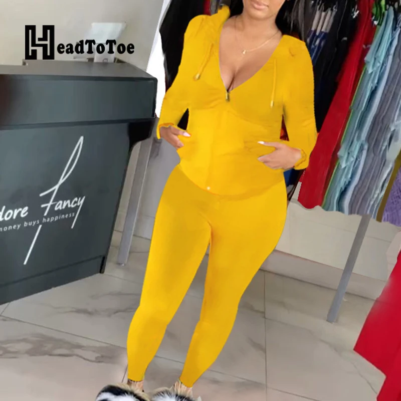 

Solid Zip Pocket Casual Sporty 2 Piece Set Women Full Sleeve Hooded Pleated Loose Elastic Two Piece Outfits Women