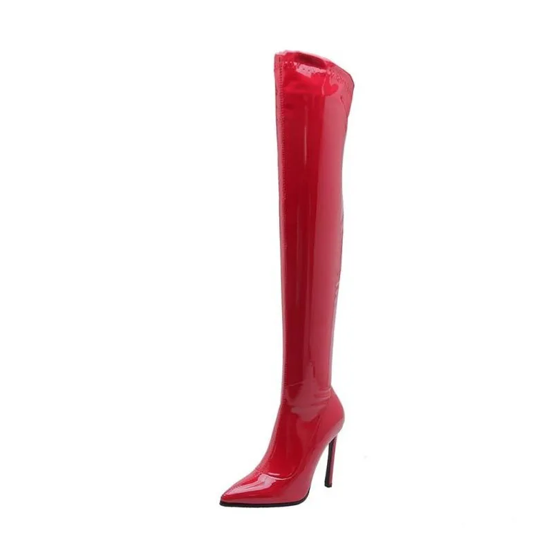 2021 Spring and Summer New Sexy Stiletto High Heels Knee Boots Red Patent Leather Elastic Women's Large 43