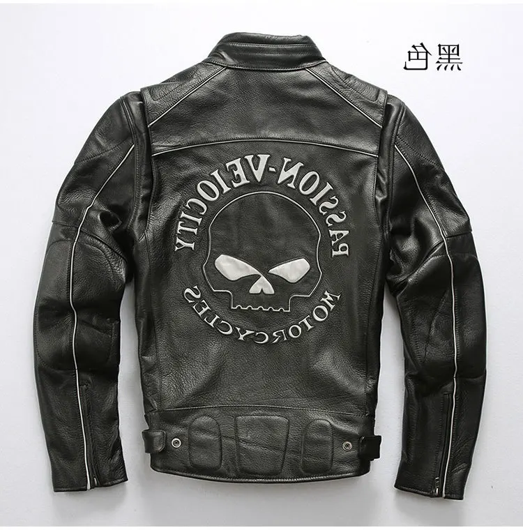 

Men 2019 New back skull Motorcycle leather jacket Fashion Luminous skull Cowhide Riding Biker Jackets Winter Russia Coat Free Sh