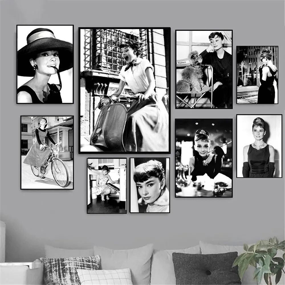 

Audrey Hepburn Wall Art Canvas Painting Classical Movie Star Poster Black And White Fashion Women Print Pictures Bedroom Decor