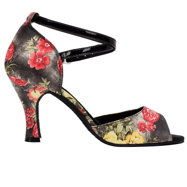 HXYOO/атласная обувь для латинских танцев с черными цветами Танцевальная сальсы