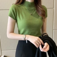 fashion knitted chic t shirt women 2022 mock neck short sleeve strecth pullovers tshirt spring summer solid tops