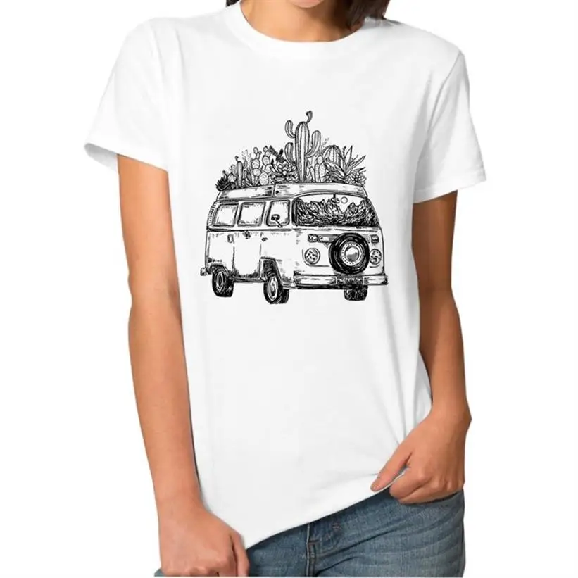 

Fashion Women Summer Casual T-shirt Traveling Car Graphic Print Women T-Shirt Solid Color O-neck Short Sleeve Tops Loose T-Shirt