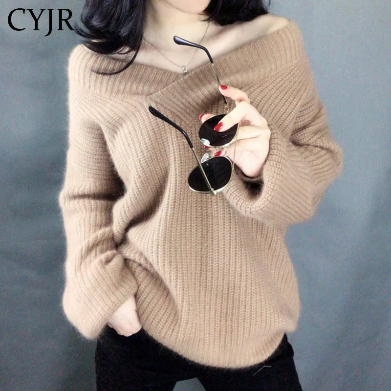

CYJR зимний свитер для женщин более теплые пуловеры свободный свитер 2021 Осень Белый V образным вырезом Женские свитера и пуловеры