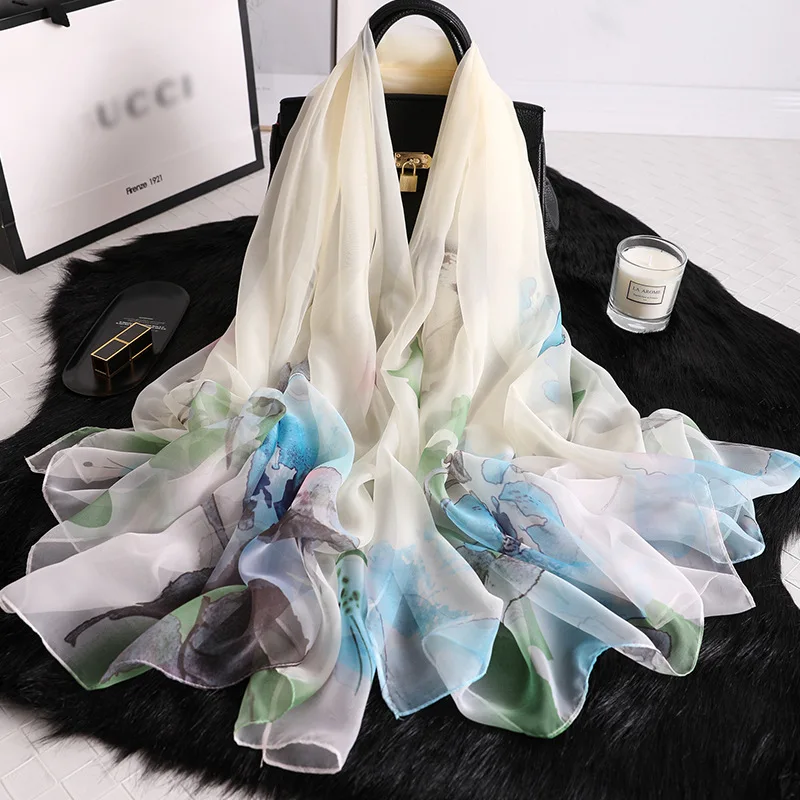 

Designer Merk Vrouwen Zijden Sjaal Zomer Lange Grootte Pashmina Zachte EnDunneSjaals LadyWrapsFoulard Bloemenprint Hoofd hijaabs