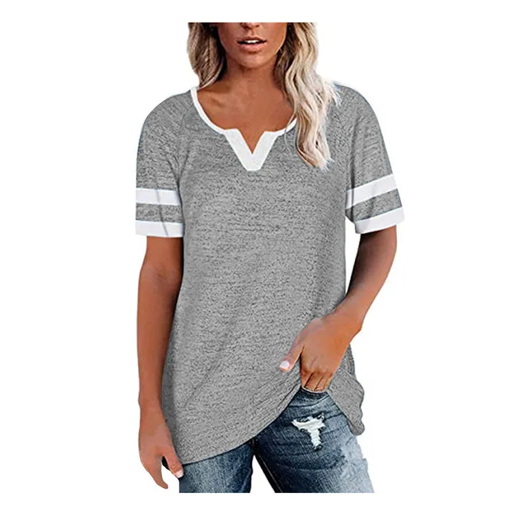 

2021 Summer New Women Casual Loose Tops V-neck T-shirt Striped Patchwork Short Sleeve Shirts Ladies Fashion Top Tees