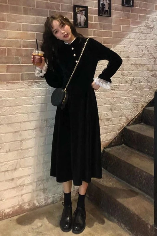 

Vintage Dress Women Elegant Loose Office Patchwork Flare Sleeve Gothic Midi Dress Female Party One Piece Dress New Autumn 2020