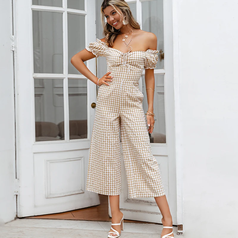

Plaid Off-shoulder Lace Up Jumpsuit Women Ruffle Lantern Sleeve Office Playsuit Csaual Summer Spring Pockets Jumpsuits New 2021