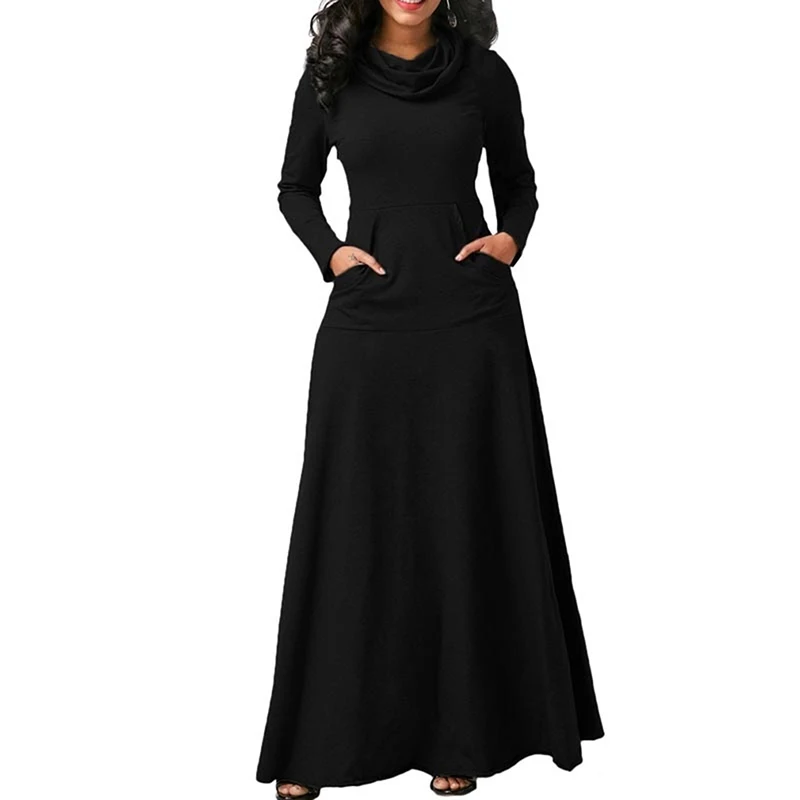 

Women Maxi Dress With Pocket Casual Solid Long Sleeve Vintage Long Dress Bow Neck Elegant Warm Long Dress Robe Female Vestidos