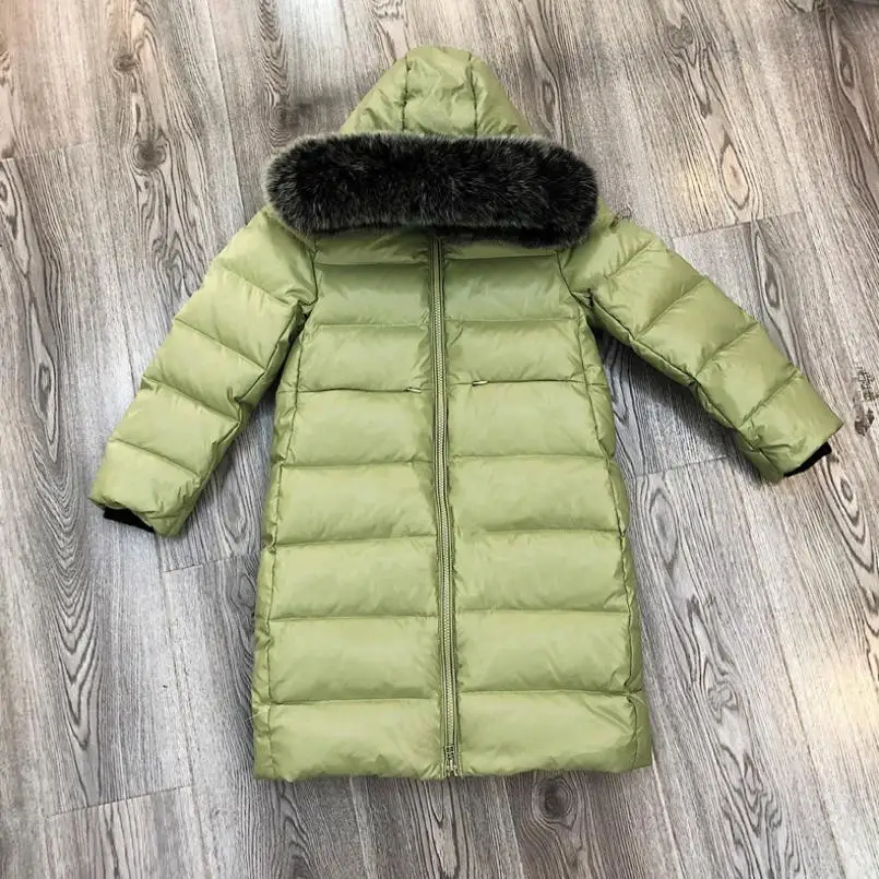 Bean green 1 Модный брендовый Детский пуховик, блестящее пальто с воротником из натурального меха, куртка-пуховик на утином пуху, детская верхняя одежда, Y2201 - Цвет: Bean green 1