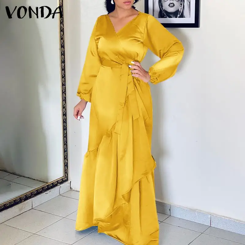 

Party Maxi Dresses With Belted VONDA Women Satin Slik Holiday Pleated Vestidos Oversized Loose Beach Sundress Femme Robes