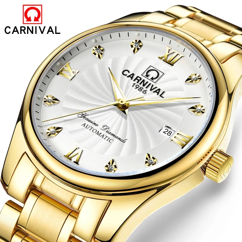 Carnival Brand Gold Automatic Business Watch Man Luxury Fashion Waterproof Luminous Calendar Mechanical Clock Relogio Masculino