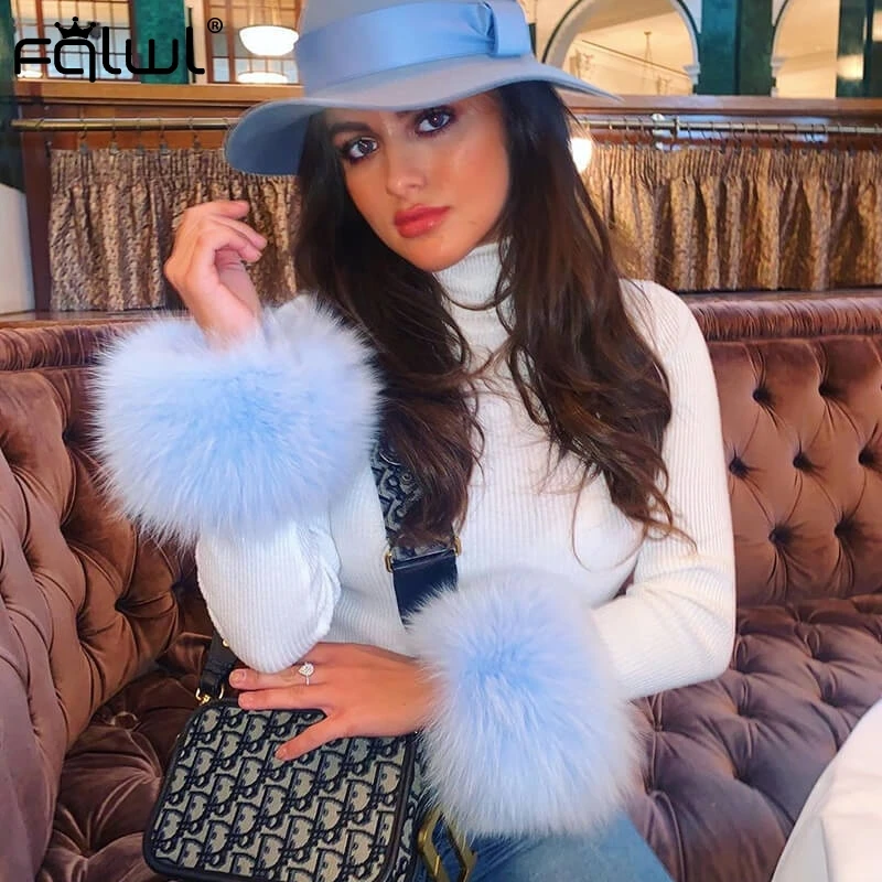 FQLWL Осень Зима Пушистый водолазка белый ребристый вязаный свитер женский джемпер