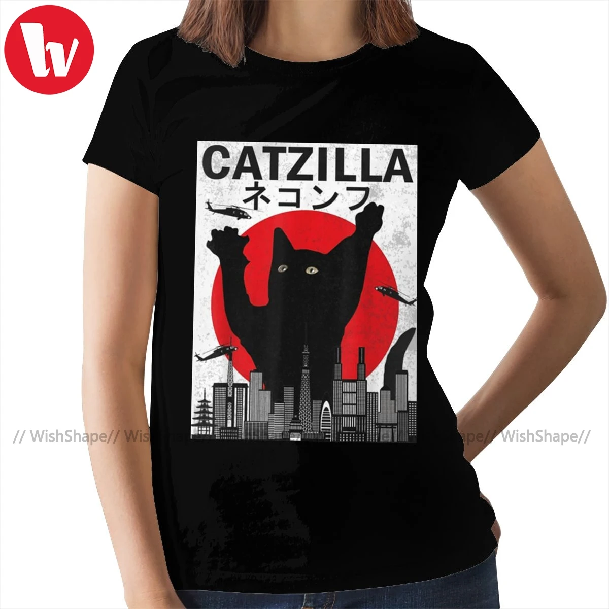 

Japanese Cat T-Shirt Catzilla T Shirt Street Style Short Sleeve Women tshirt Graphic O Neck Ladies Tee Shirt