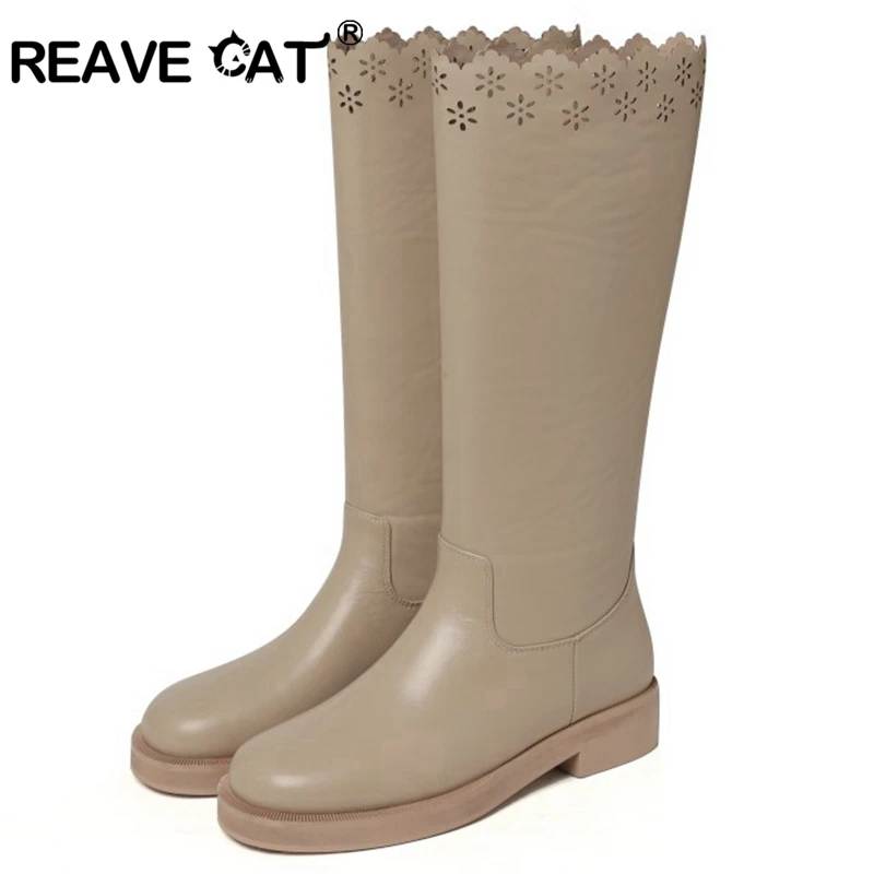 

REAVE CAT Shoes woman High knee boots Genuine leather boots Autumn Winter Round toe Flat heels Fashion Casual High quality Cool