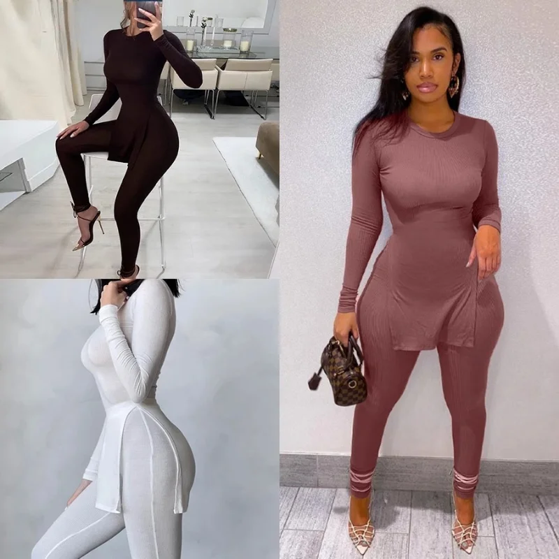 

Ribbed Knitted Women Casual Tracksuit Two Piece Set Long Sleeve Slit Tops+Leggings Skinny Sporty Matching Streetwear