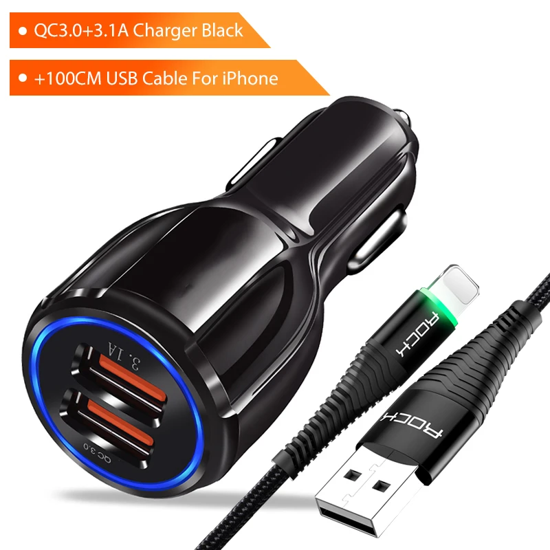Power Set For iPhone Автомобильное зарядное устройство ROCK QC 3,0 Для Xiaomi huawei iPhone X 8 7 6 samsung Xiaomi Dual USB Quick Charge 3,0 Автомобильное зарядное устройство - Тип штекера: Power Set For iPhone