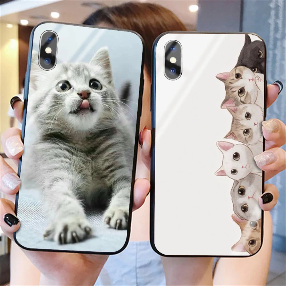 Забавная Милая задняя крышка с изображением кота для iphone XS Max XR X 5 5S 6 6S 7 8 Plus 11 Pro Max, милые чехлы из закаленного стекла