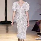 Женское кружевное платье-миди с V-образным вырезом, коротким рукавом-фонариком и высокой талией