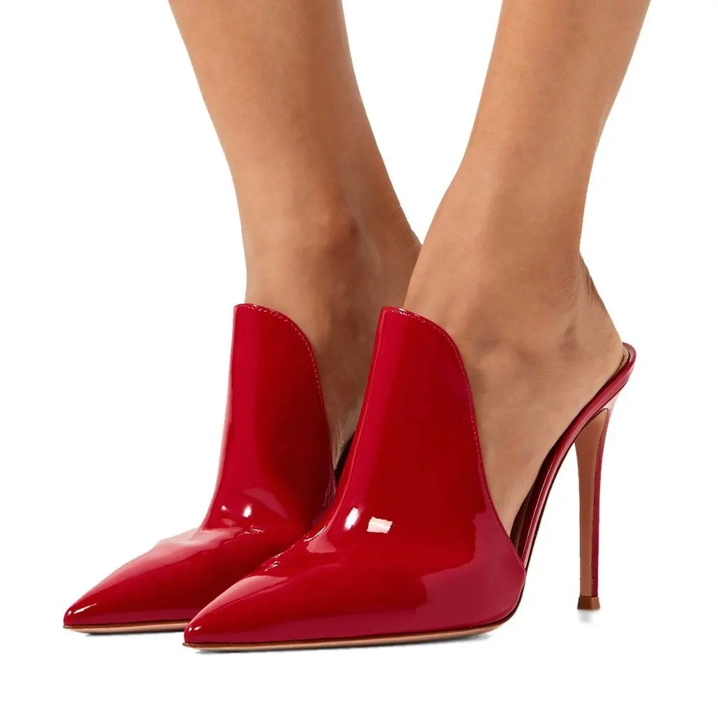 

Carole Hot Selling Mules Shoes 2022 Sexy Ladies Pointed Toe Thin High Heel Pumps Woman Dress Nude Yellow Patent Leather Slippers