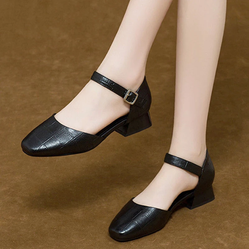 

Женские туфли с круглым носком Marlisasa, черные классические туфли на высоком каблуке с ремешком и пряжкой, винно-красные летние туфли на каблу...