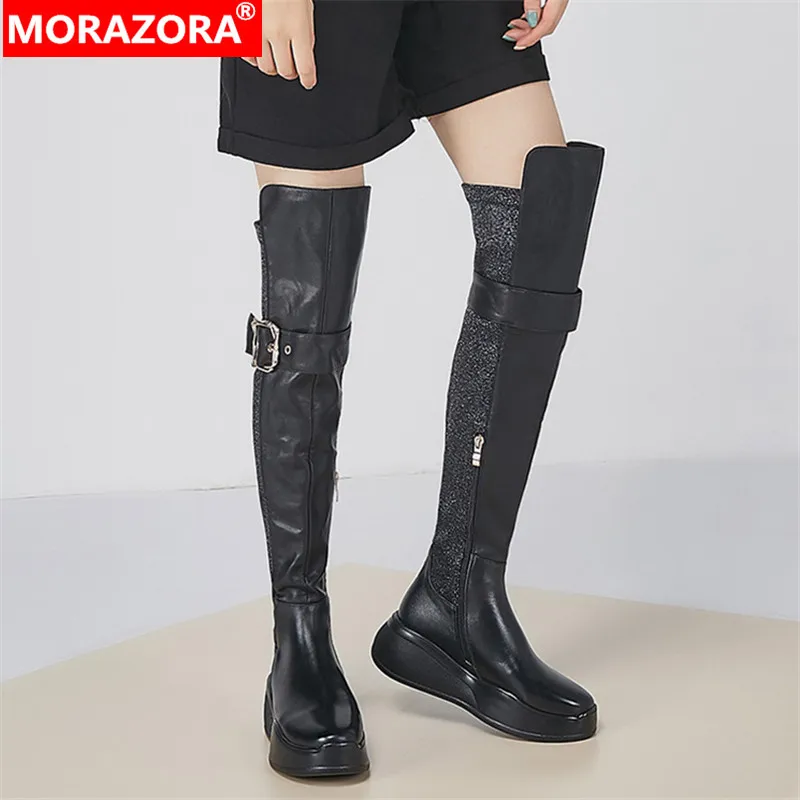 Женские Стрейчевые сапоги MORAZORA черные из натуральной кожи на молнии с пряжкой