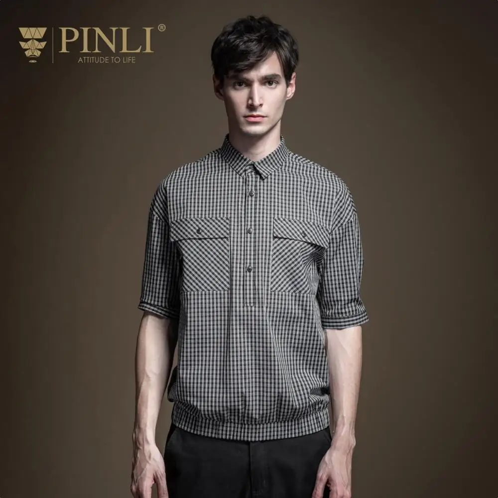 Рубашка Pinli B202913499 мужская с коротким рукавом хлопок приталенная в клетку рукав до