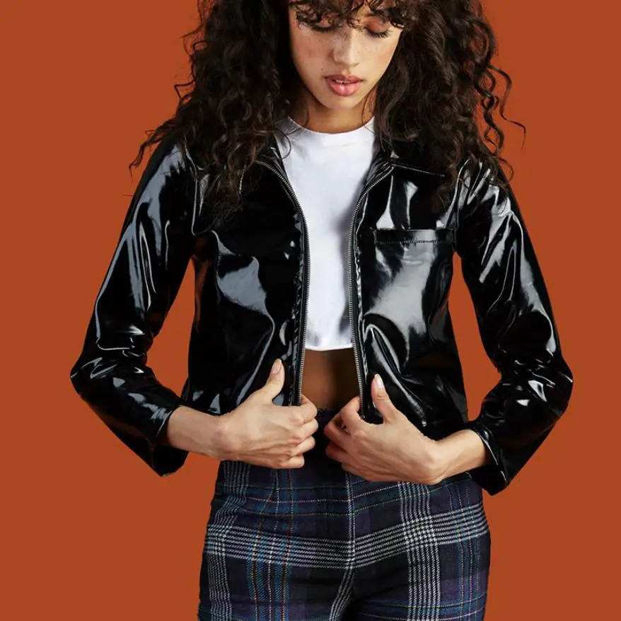 2020 модный бренд лакированная кожаная куртка женская глянцевая ткань pu короткая