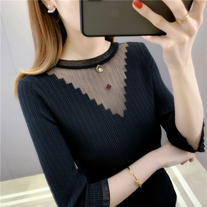 

19846 ice silk solid color lace splicing short sleeve T-shirt 32