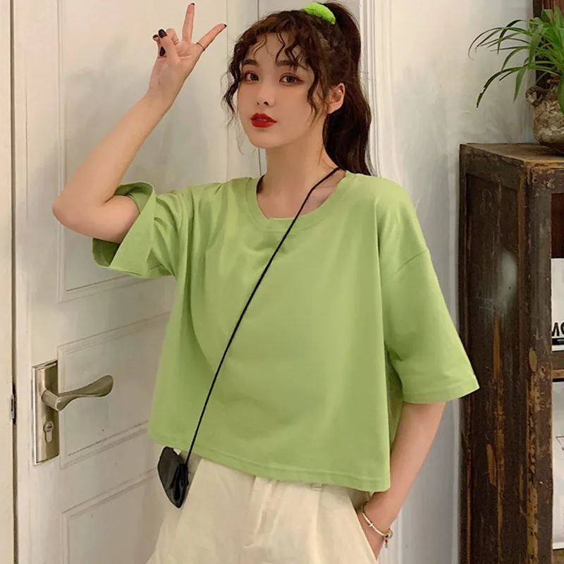 

Hot Sale Summer Women T-Shirt Solid Color Tee Loose Round Collar Short Sleeve Tshirt Casual Tops