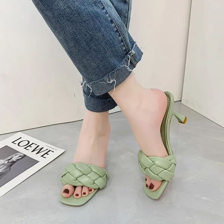 

Women's shoes high heel thin heel square knitting sandals