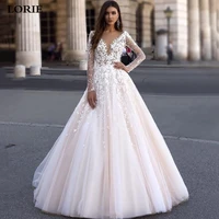 lorie a line princess wedding dresses long sleeve lace appliques bride dresses puff tulle floor length wedding gowns