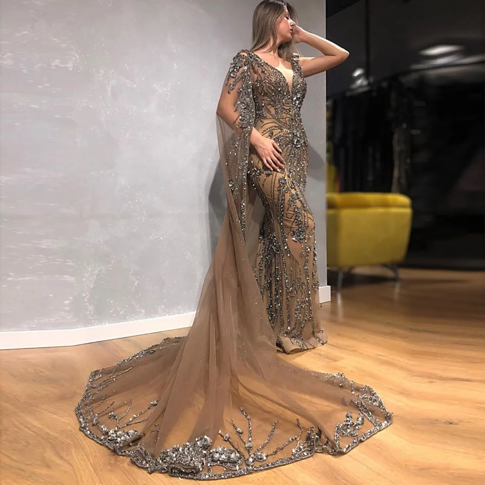 Kopen Dubai Crystal Rhinestone Mermaid Avondjurken 2021 Met Lange Cape Luxe Kralen Champagne Lange Prom Jassen Modest Party Dress
