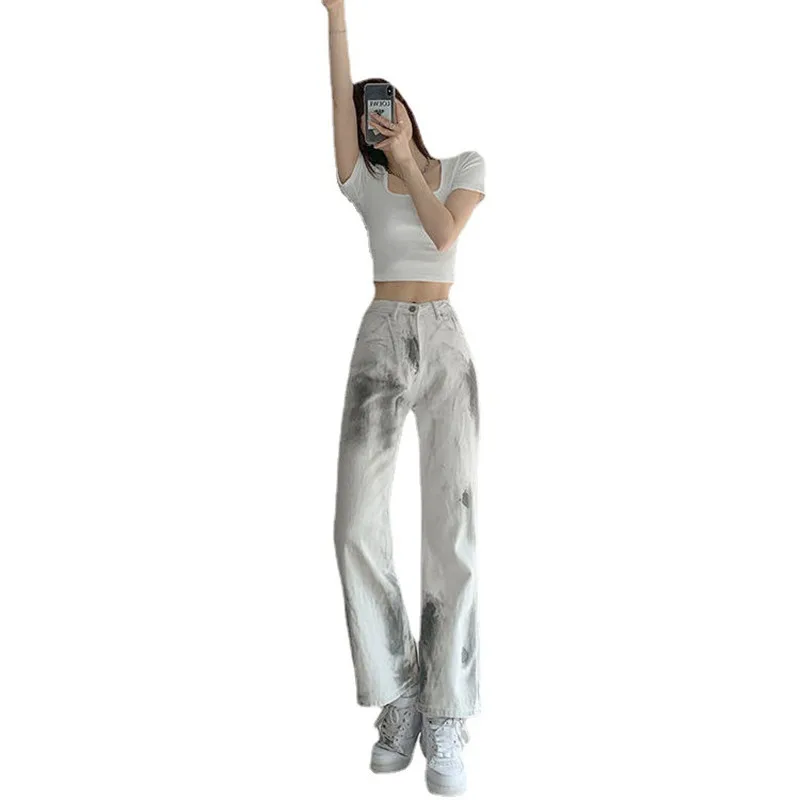 

High Waist Women's Jeans 2021 Summer New Harajuku Tie Dye Print Loose Fashion Wide Leg Long Pants Straight Baggy Denim Trouser