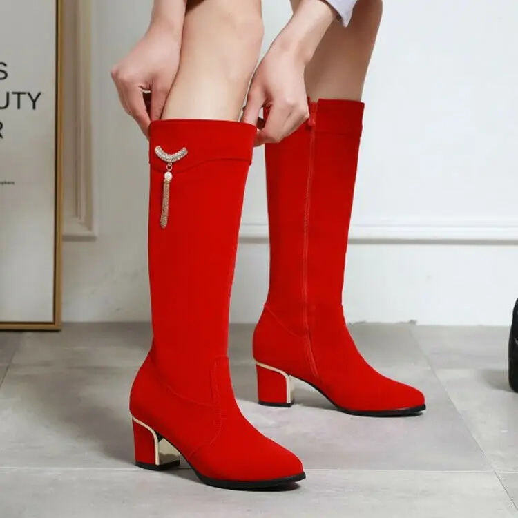 

Fashion Ladie Mid Calf Boots Metal Decor Block Heel Zipper Autumn Party Shoes