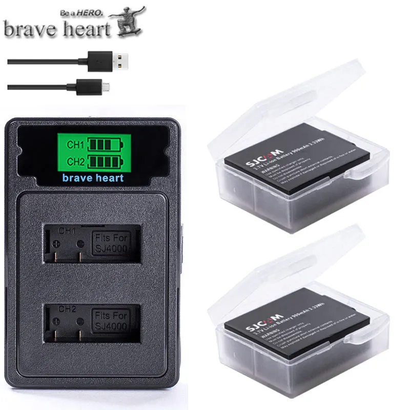 charger and 2battery Аккумулятор SJCAM sj4000+ sj 4000 sj 5000 sj 6000 Dual USB зарядное устройство для камеры sj4000 sj5000 sj6000 sj7000 SJ8000 SJ M10 - Цвет: charger and 2battery