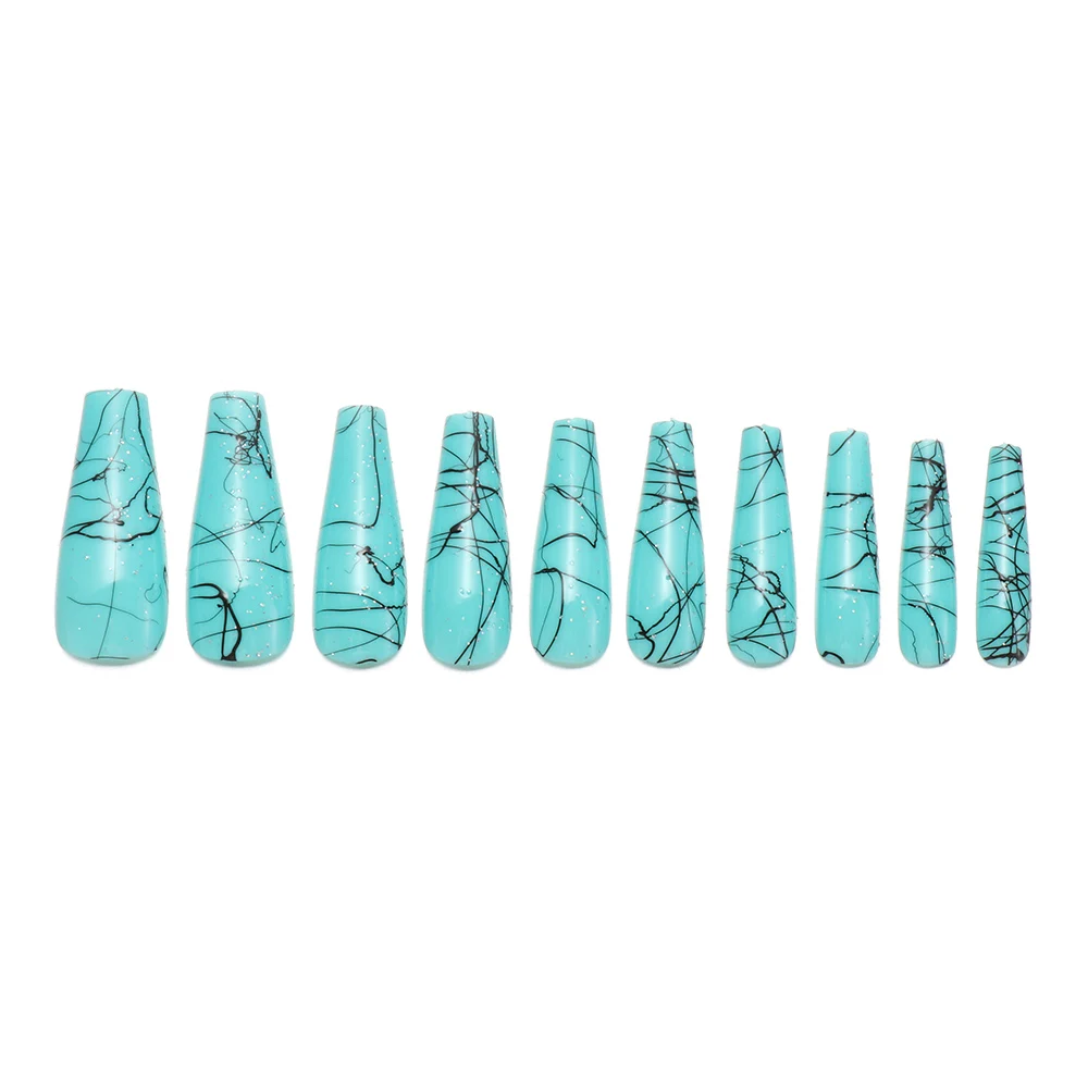 

new20/30pcs Long Coffin False Nails with Abstract Art Line Designs Fake Nails Full Press on Nails Artificial Nail Tips with Glue