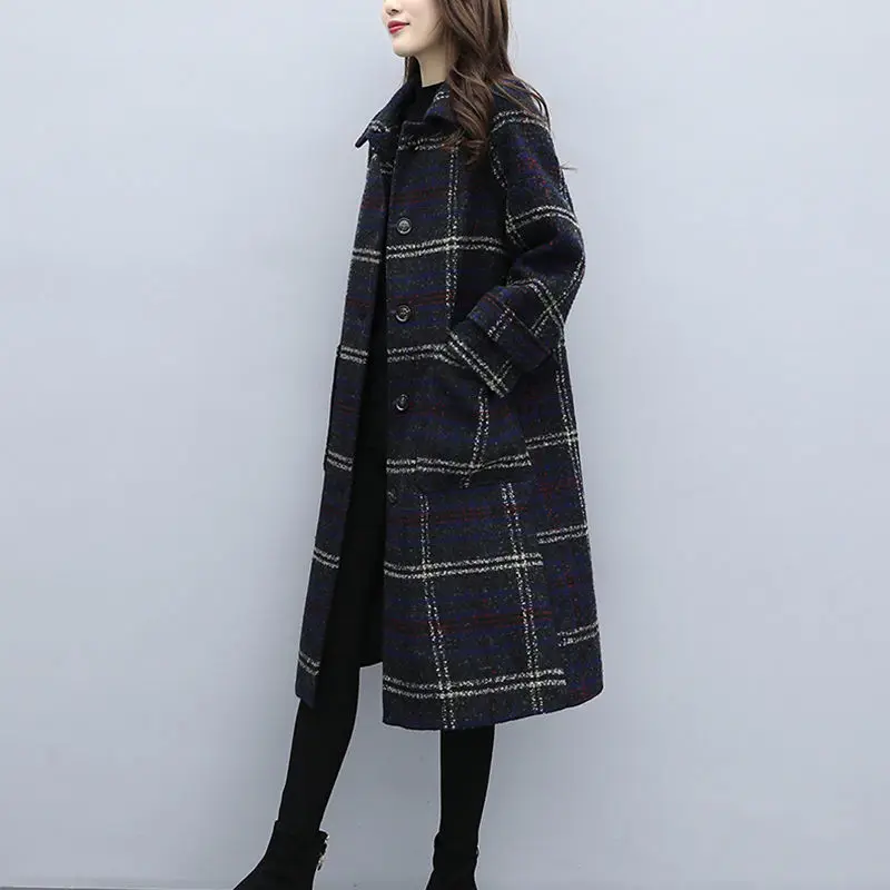 

Женское длинное кашемировое шерстяное пальто, твидовое пальто в клетку с принтом, плюшевое уличное пальто для осени и зимы, A160