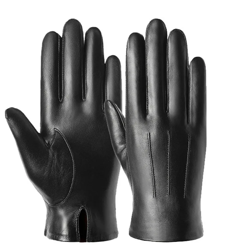 Men Genuine Sheepskin Leather Gloves Autumn Winter Warm Touch Screen Full Finger Black Gloves Windproof Business Mittens MY555