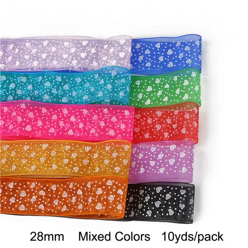Mixed color 10yards 5 ярдов лента из органзы с принтом в форме сердца, цветная подарочная упаковка для рукоделия, рождественское свадебное украшение, кружевная ткань для шитья, ленты - Цвет: Mixed color 10yards