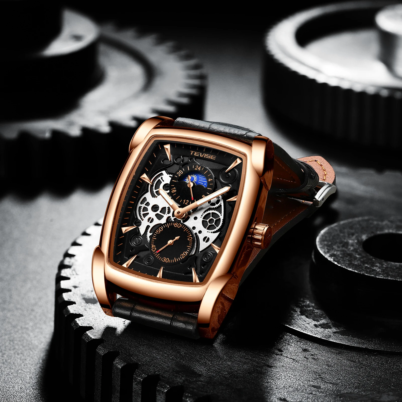 Модные мужские часы TEVISE брендовые Роскошные наручные с кожаным ремешком
