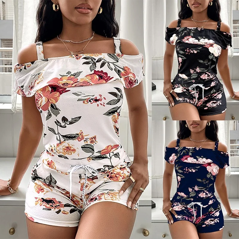 

Summer Suits Floral Sling Chiffon Shirt Shorts Sets Strapless High Waist Shirts Fashion Printing High Waist Shorts Two Piece Set