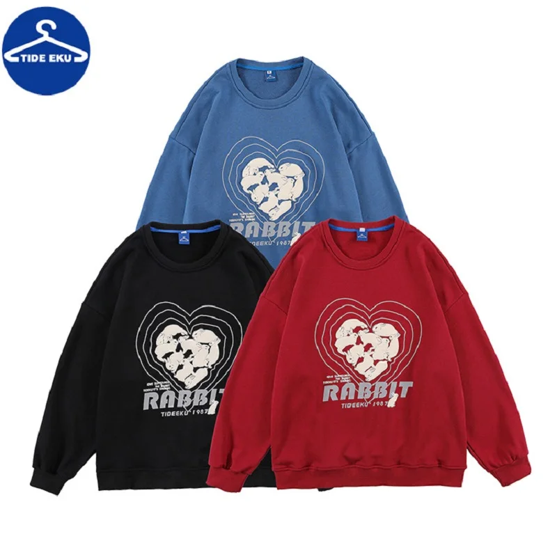 

Love print t pullover sweater rabbit print cute small fresh Japanese simple loose men and women couples
