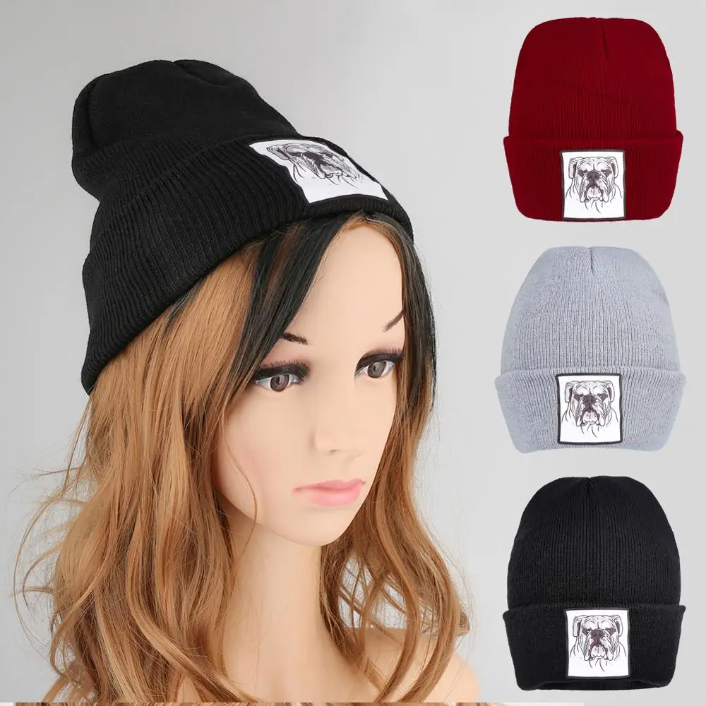 Однотонные вязаные зимние шапки женские серые шапочки в форме бульдога мужская