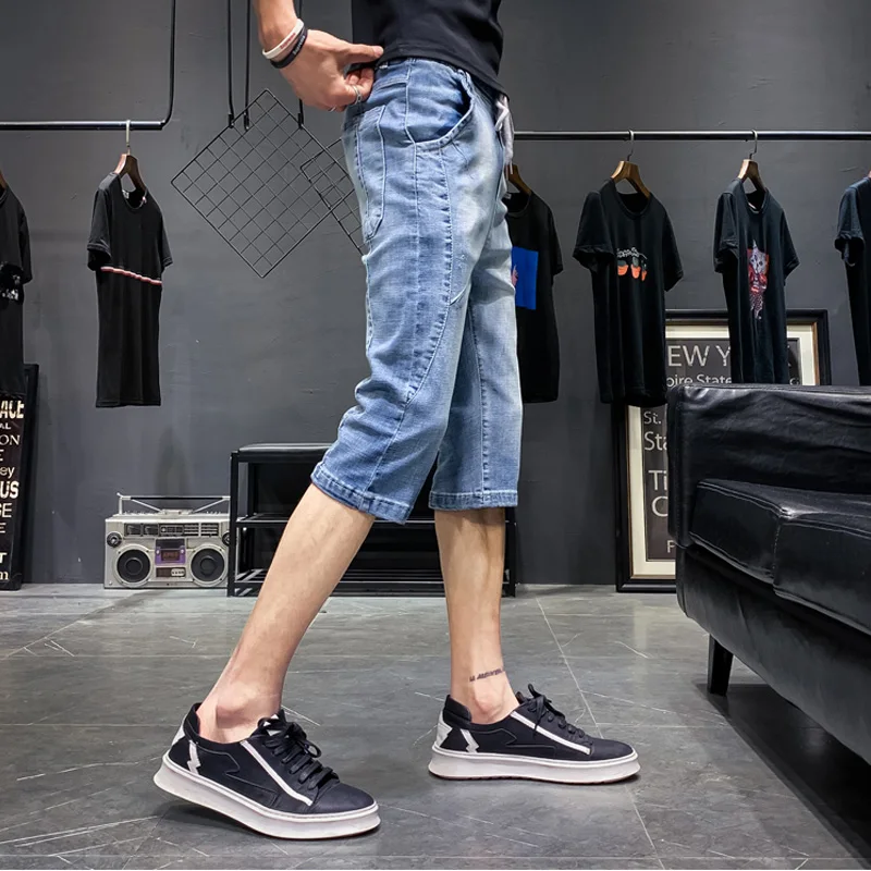 Летние повседневные укороченные брюки мужские облегающие джинсовые прямые