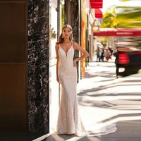 2021 new designs arrival elegant lace mermaid open back bridal sleeveless plunge v neckline wedding dresses for bride on sale