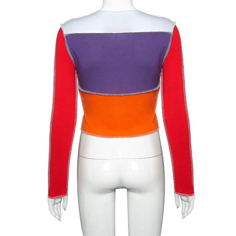 

Instunning Long Sleeve O-neck Women's T-shirts Sexy Slim Patchwork Crop Top Streetwear 2020 Autumn Fashion Casual Cropped Top