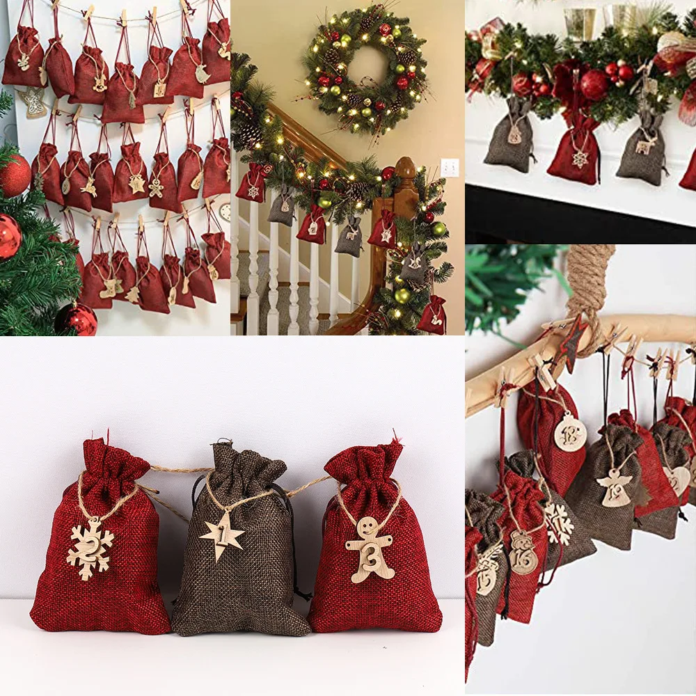 

24PCS Wooden Label Coming Calendar Christmas Decorations Bundle Pocket Drawstring Sack Gift Candy Packaging Bag home decor